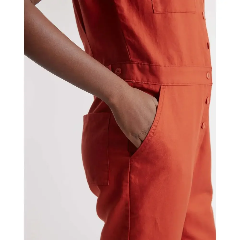 QUINCE Rust Red Cotton Linen Twill Short Sleeve Coverall Jumpsuit Medium